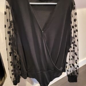 New York & Company Black Body Suit Top with Sheer Polka Dot Sleeves